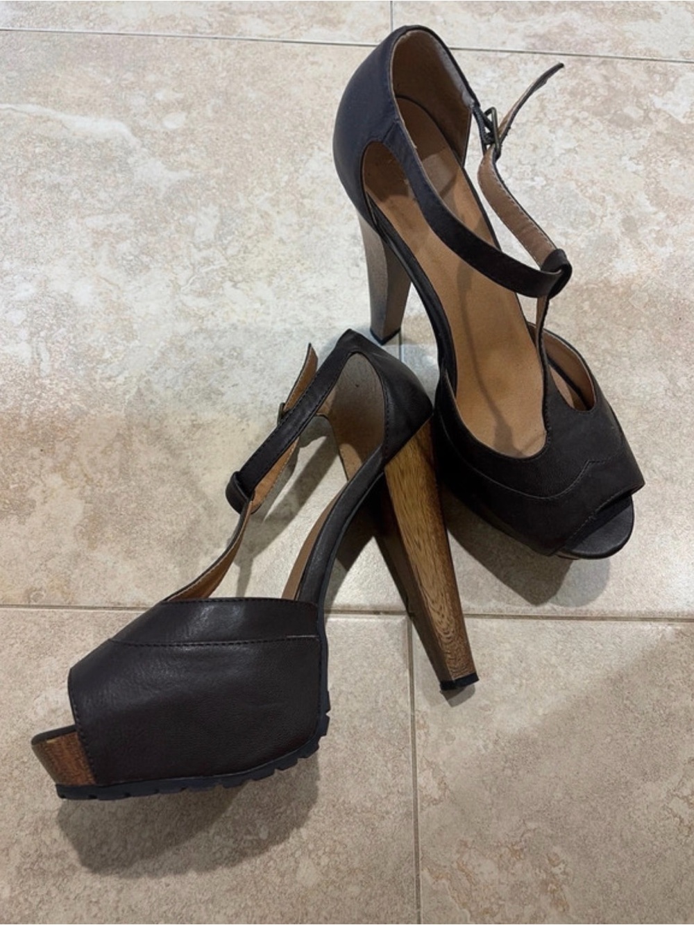 Women's Brown High Heel T-Strap Platform heels